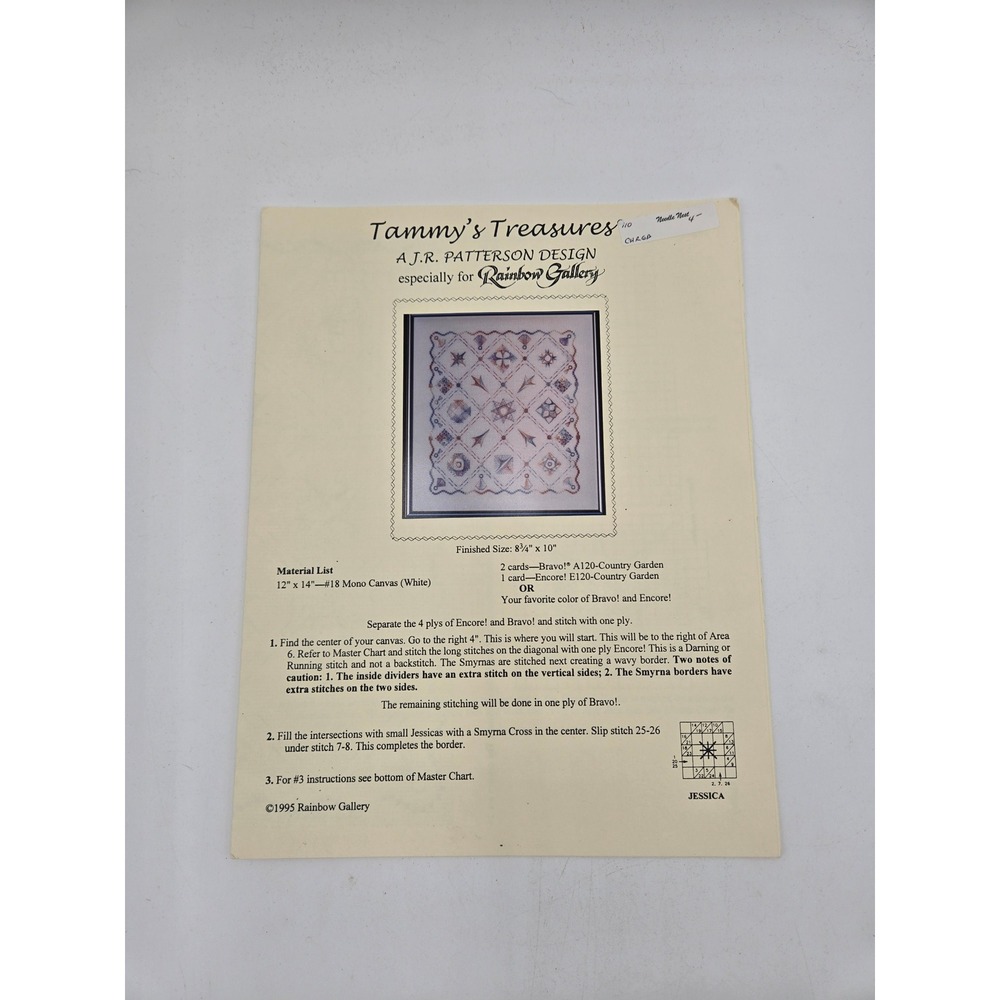 Rainbow Gallery Tammy's Treasures Needlepoint Pattern JR Patterson Sampler 1995